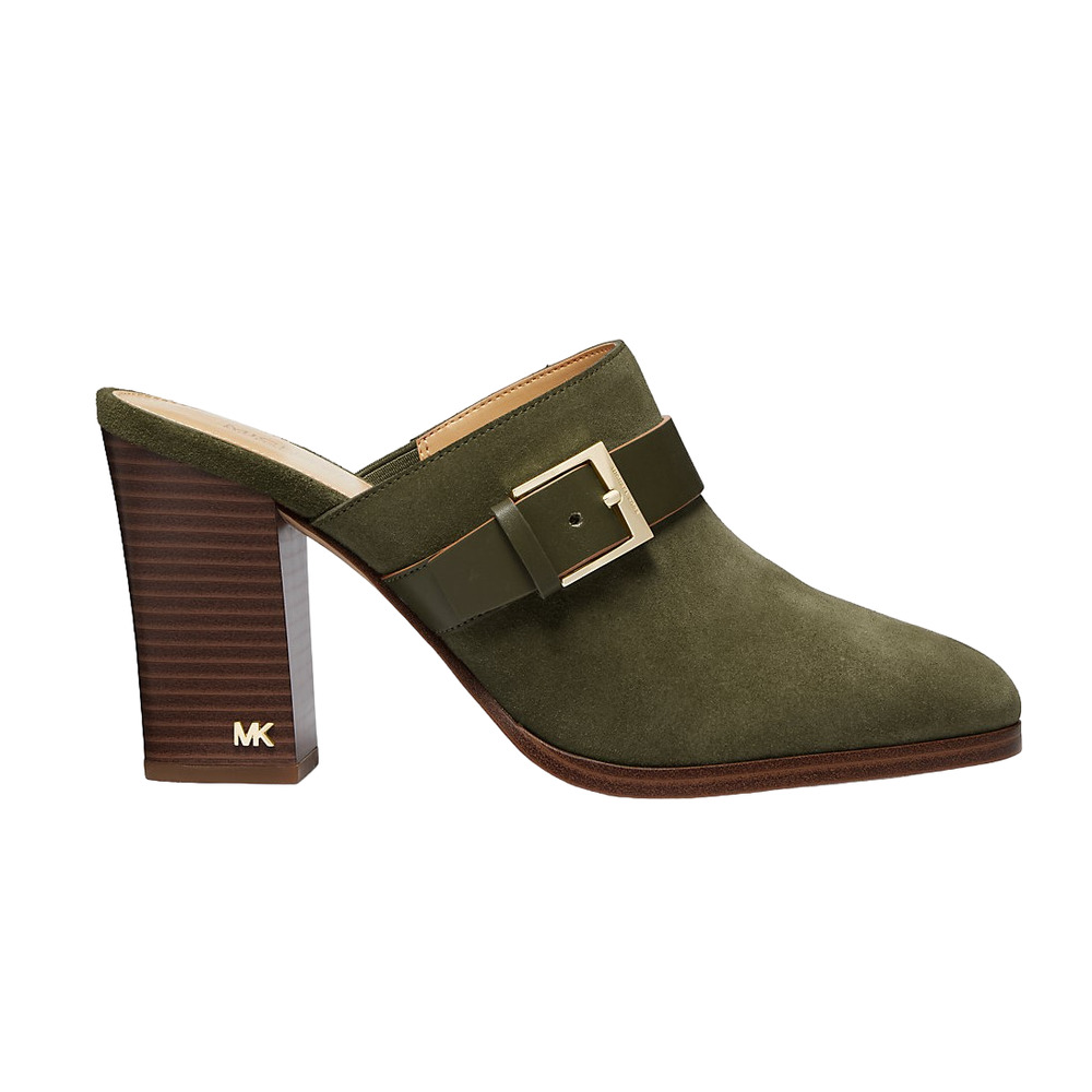 Michael Kors Kara Mule Buckled Suede Leather Clog Heel Shoe Olive 8 Nib $195 - Picture 2 of 3